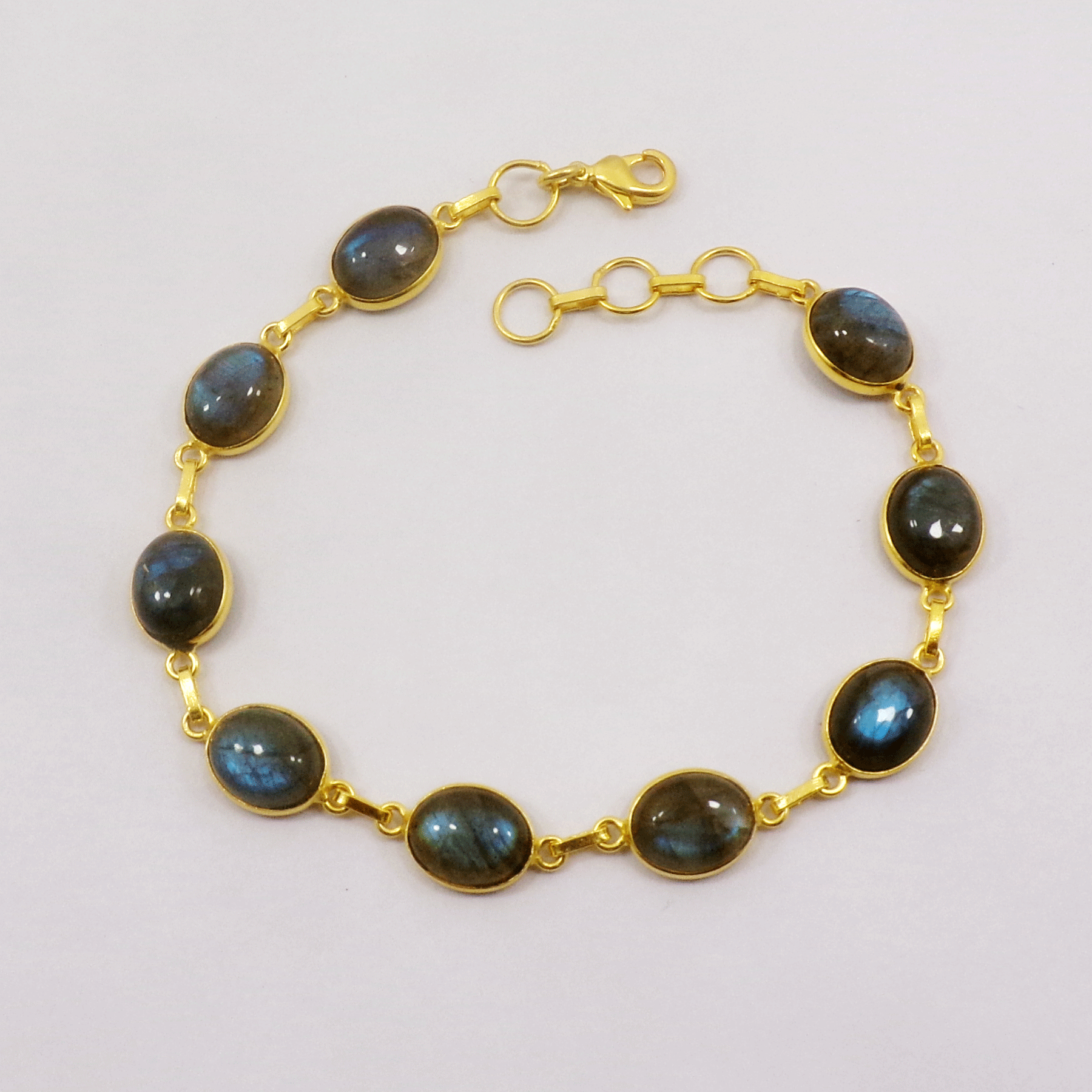 Natural Labradorite Brass Bracelet E - BZB999 18K Gold Plated Round 8x10mm Bezel Setting Brass Bracelet